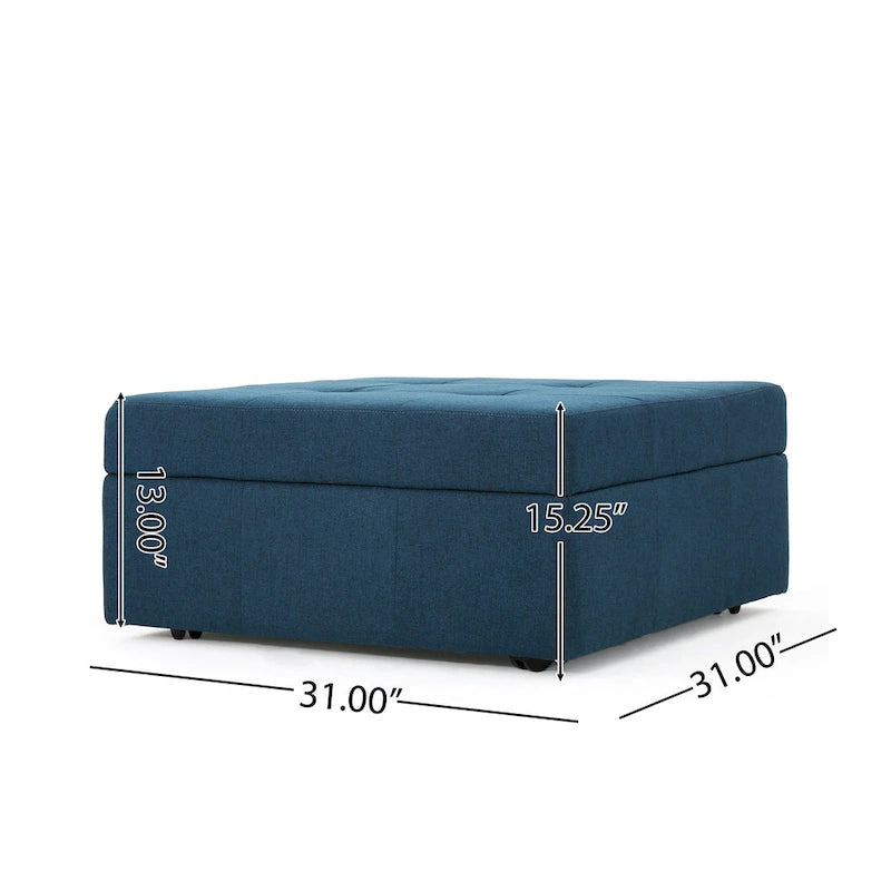 Low Accent Ottoman with Storage, 31 Inch Square, Tufted Navy Blue