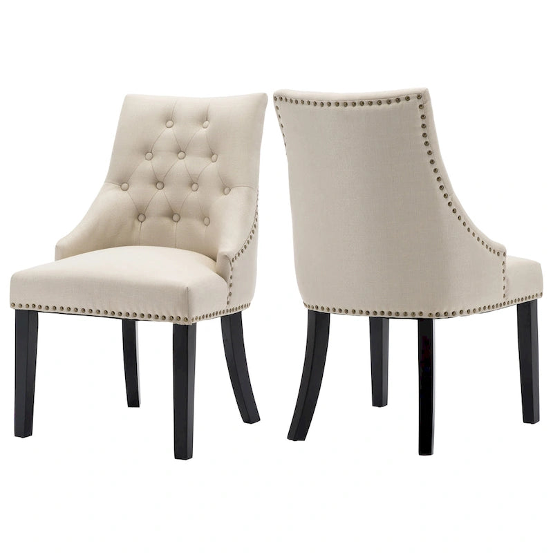 Met stof beklede eetkamerstoelen met knoopcapitonnering en spijkerkopafwerking, accentstoelen, set van 2