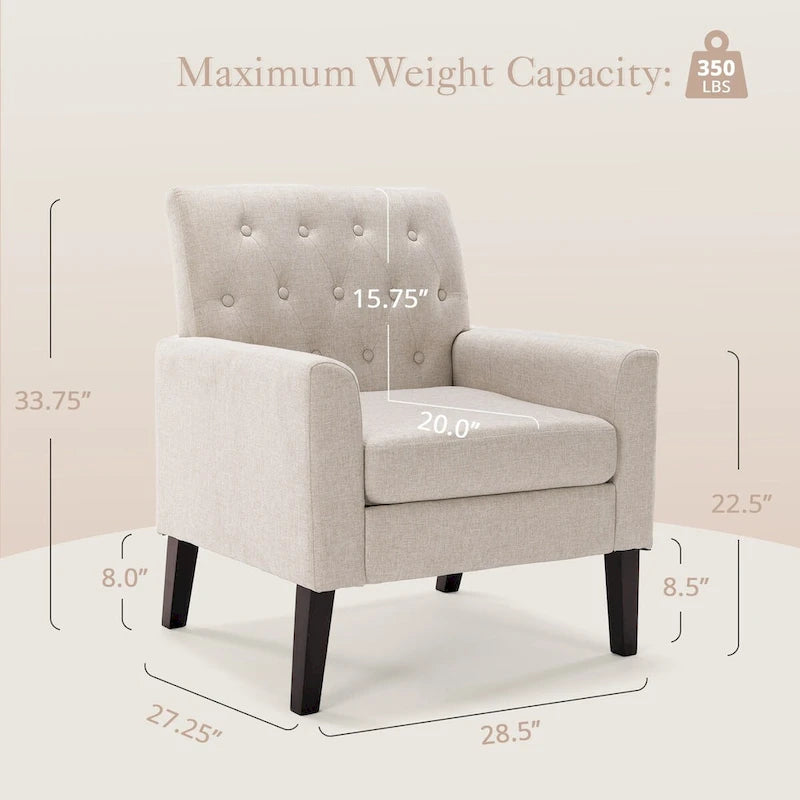 Poltrona d'accento in lino, comoda poltrona da soggiorno con braccioli, rivestimento trapuntato con bottoni, set di 2 poltrone moderne con braccioli