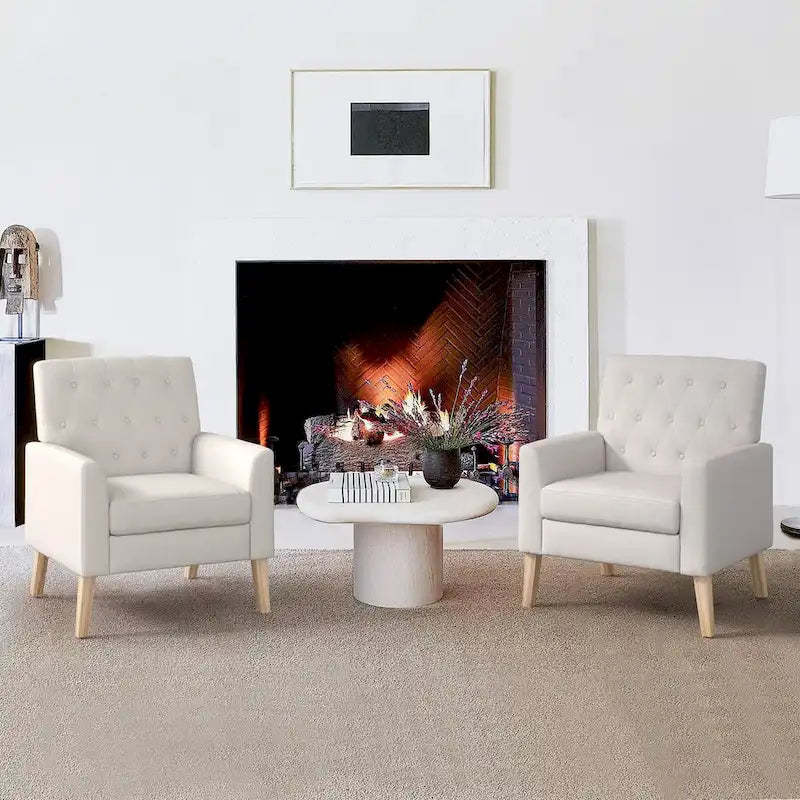 Poltrona d'accento in lino, comoda poltrona da soggiorno con braccioli, rivestimento trapuntato con bottoni, set di 2 poltrone moderne con braccioli