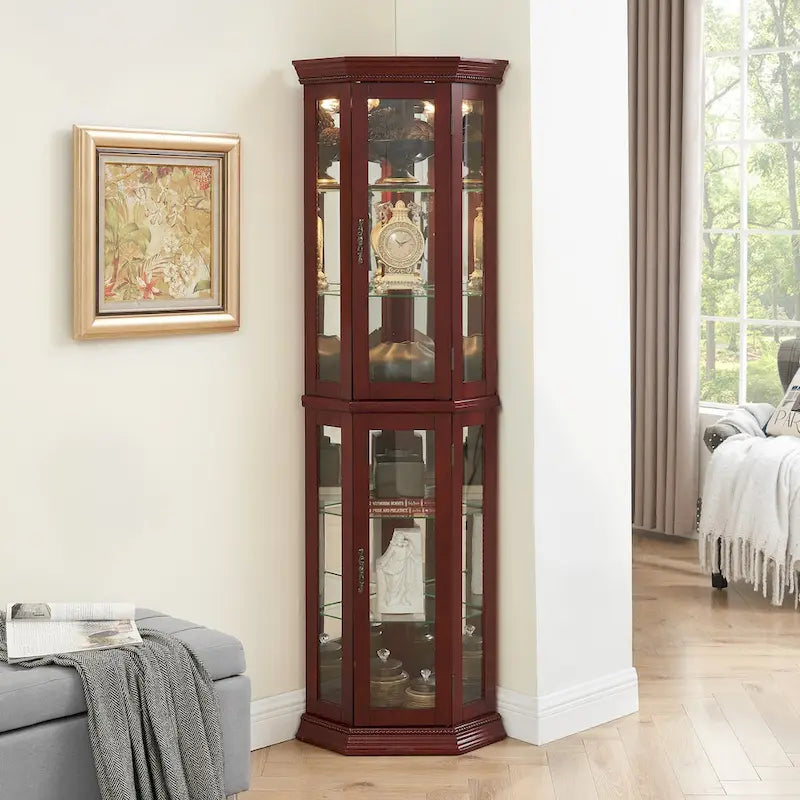 Eckvitrine mit Beleuchtung, verstellbaren Einlegeböden aus gehärtetem Glas, verspiegelter Rückwand und Ausstellungsschrank