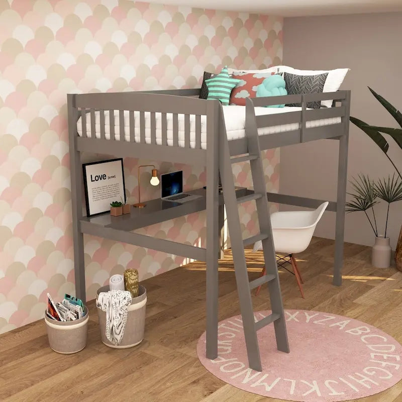Twin Size Loft Bed with Desk, Solid Wood