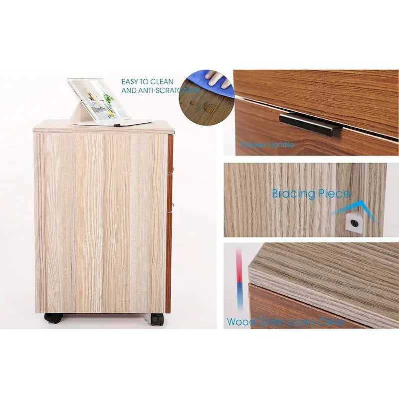 3 Drawer Rolling Wood File Cabinet with Locking Wheels for A4 or Letter Size